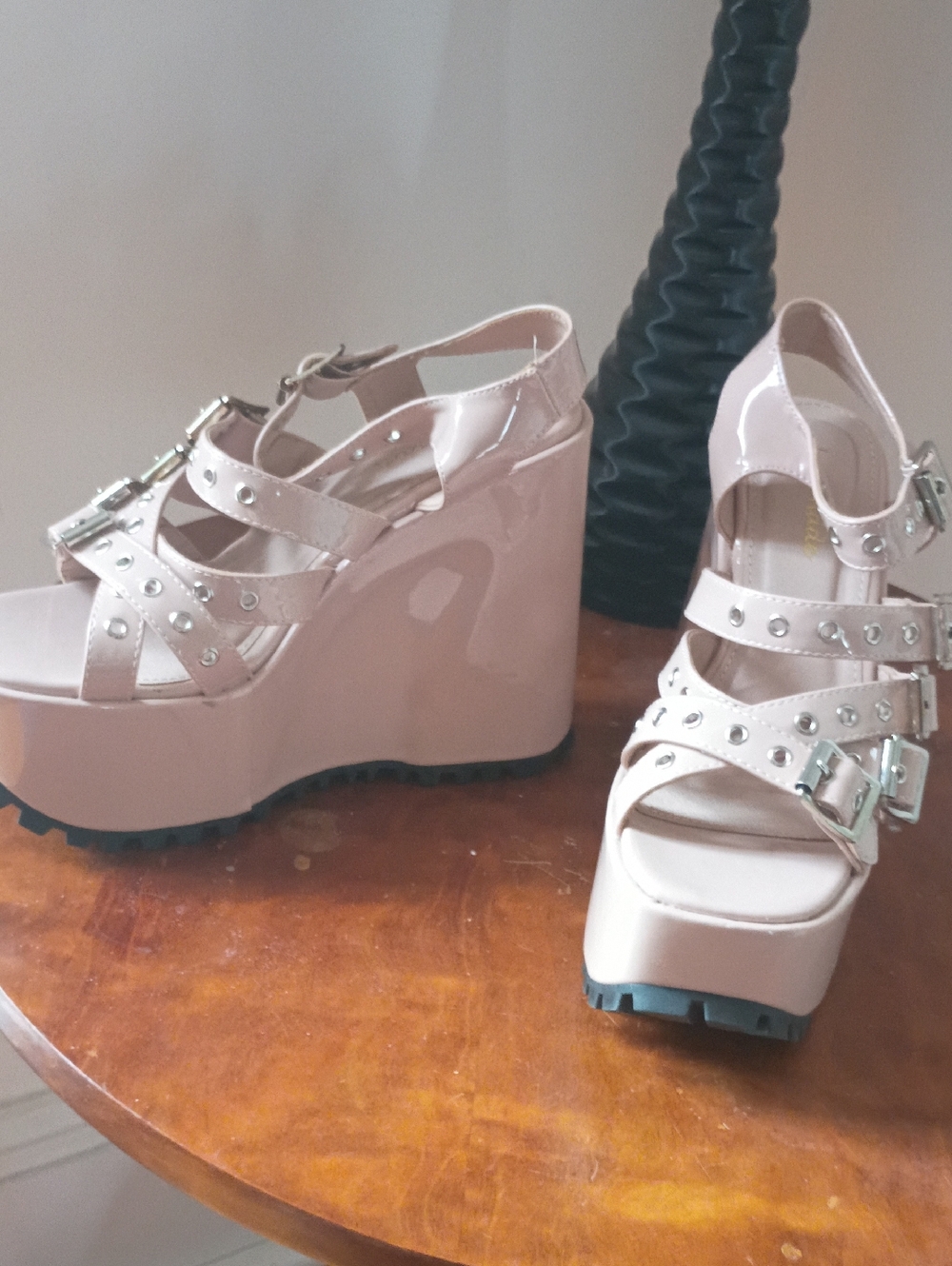 Lemonade Platform Wedge Sandals in Light Pink with Studded Straps